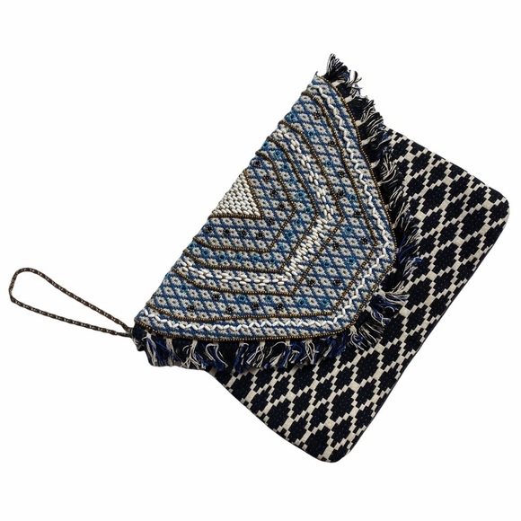 Steve Madden woven fringe beaded navy Envelope Clutch - Picture 1 of 7